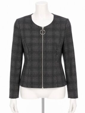 Calvin Klein Charcoal Plaid Zip-Front Collarless Jacket